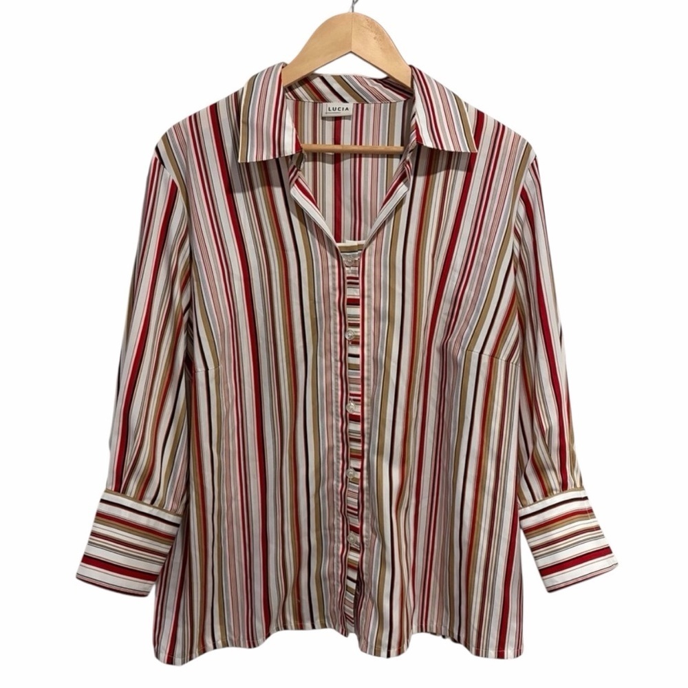 2/$25 Lucia Women’s Striped Red, White, Tan Button-Up Blouse